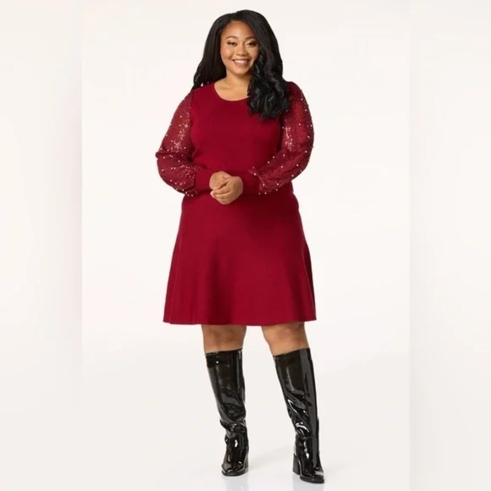 CATO | PLUS SIZE SEQUIN PEARL SLEEVE SWEATER DRESS